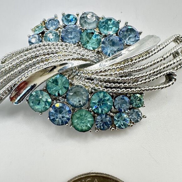 Coro Signed Blue Rhinestone Silver Tone Abstract Brooch Pin Vintage - Picture 5 of 10
